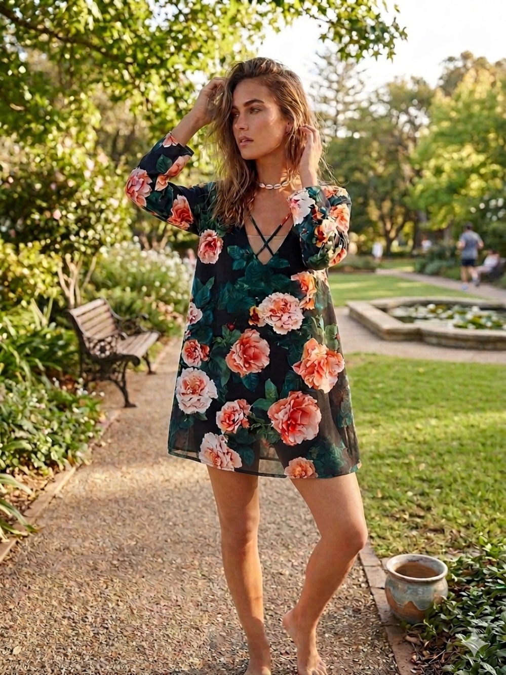 Show Me Your MuMu Black Floral V-Neck Tunic with Peach Blooms